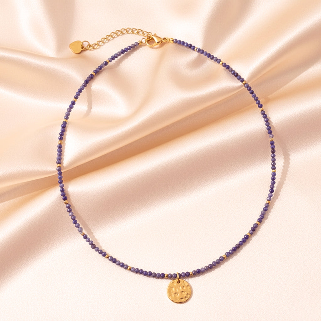 Purple Crystal Beads Textured Pendant Necklace - Gold PVD Stainless Steel