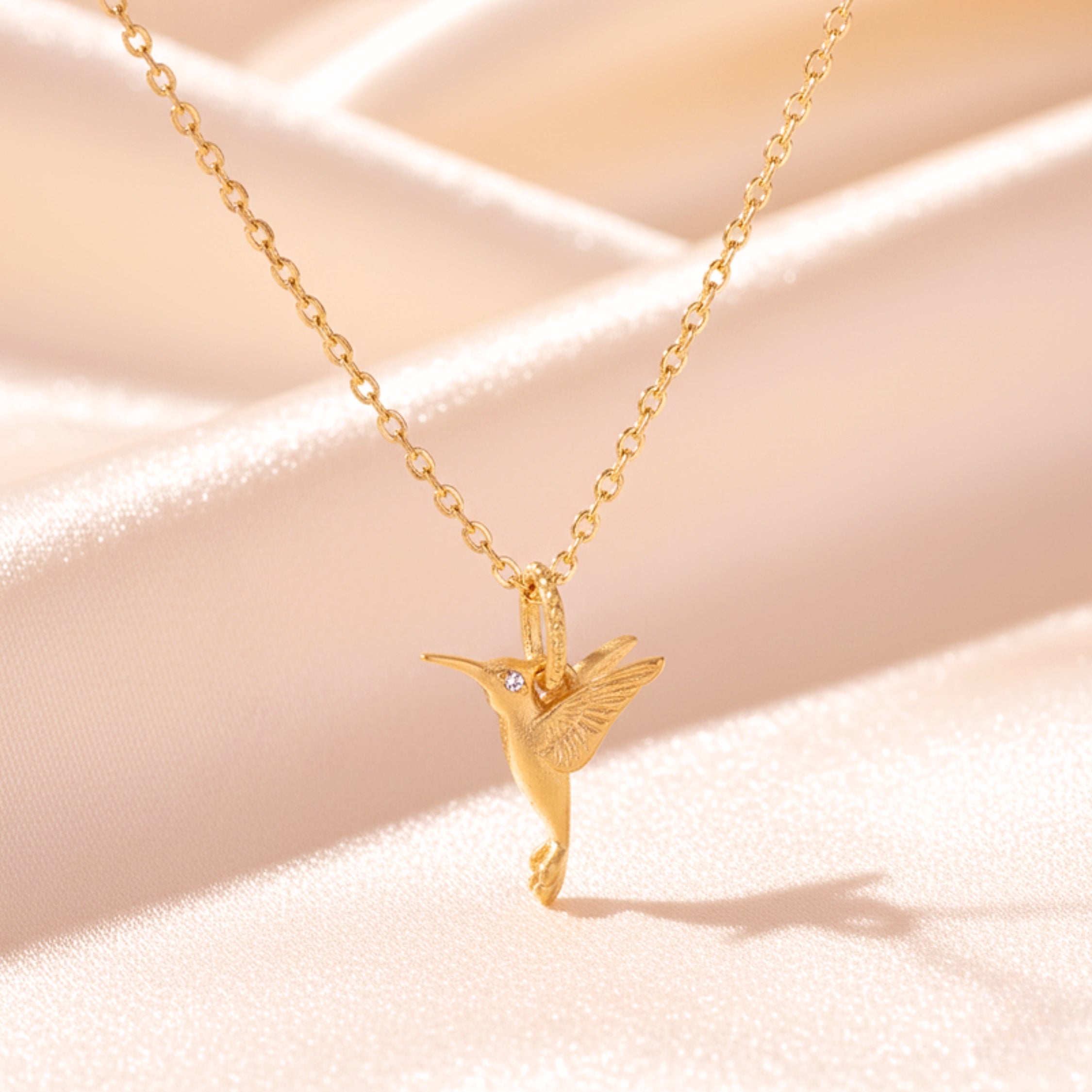 Hummingbird Pendant Necklace with Zirconia Accent - Gold PVD Stainless Steel