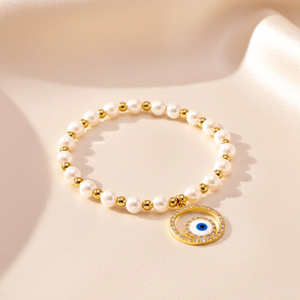Women's Evil Eye Pearl Bead Charm Bracelet - Gold PVD Stainless Steel