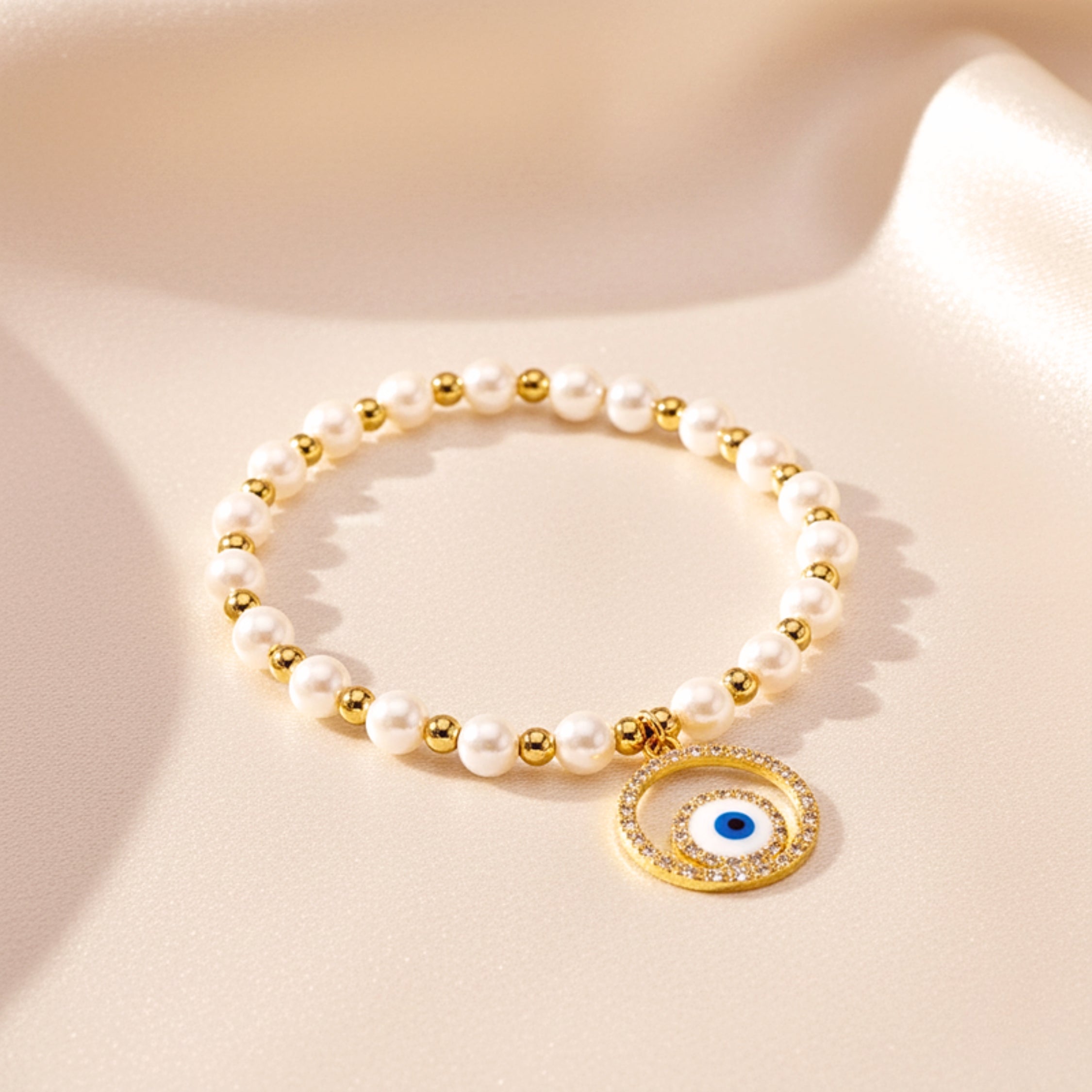 Women's Evil Eye Pearl Bead Charm Bracelet - Gold PVD Stainless Steel