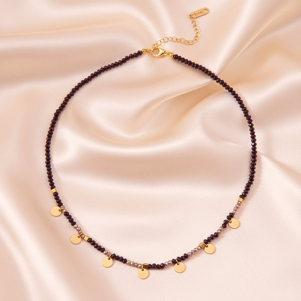 Black Crystal Beaded Choker Necklace with Gold Disc Charms - Gold PVD Stainless Steel