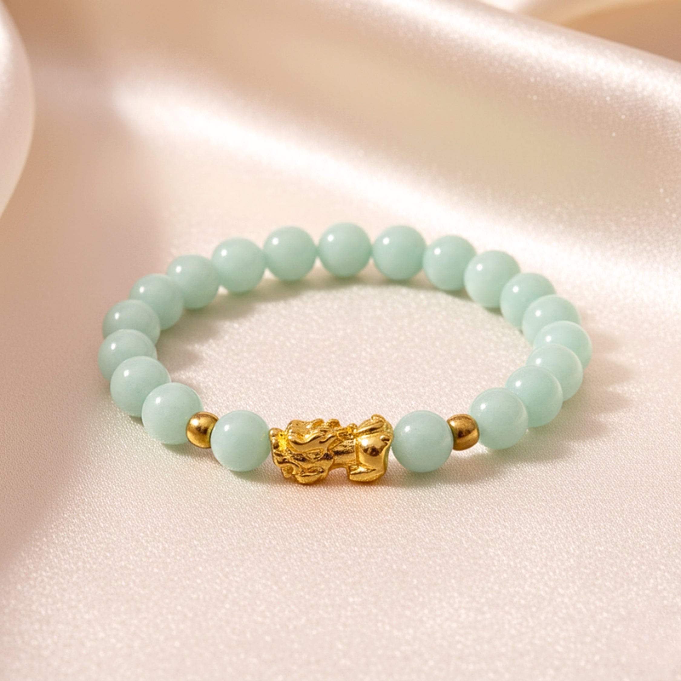 Pixiu Green Crystal Bead Bracelet - Gold PVD Stainless Steel