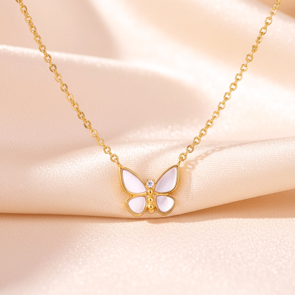 Women's Zirconia Butterfly Pendant Necklace - Gold PVD Stainless Steel