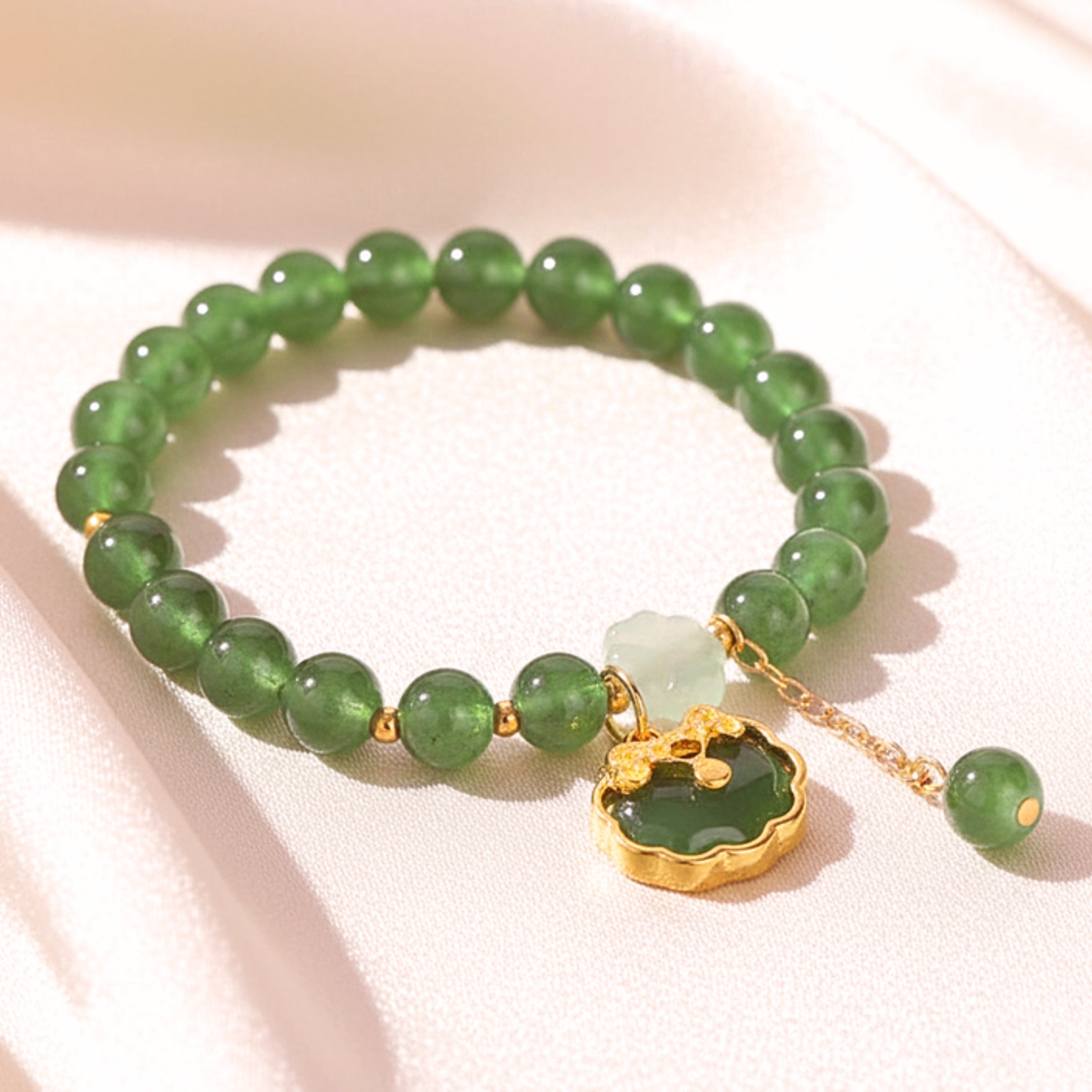 Women's Ruyi Lock Charm Bracelet With Jade-Green Beads - Gold PVD Stainless Steel