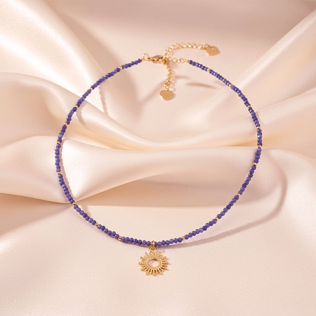 Sunburst Blue Crystal Beaded Choker Necklace - Gold PVD Stainless Steel