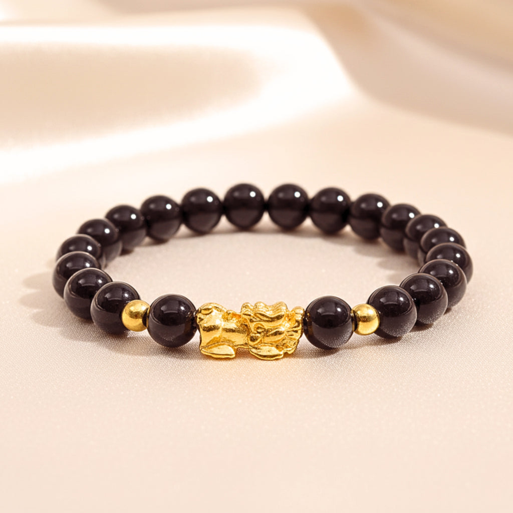 Pixiu Black Crystal Bead Bracelet - Gold PVD Stainless Steel