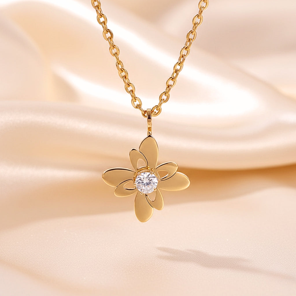Zirconia Flower Women's Pendant Necklace - Gold PVD Stainless Steel