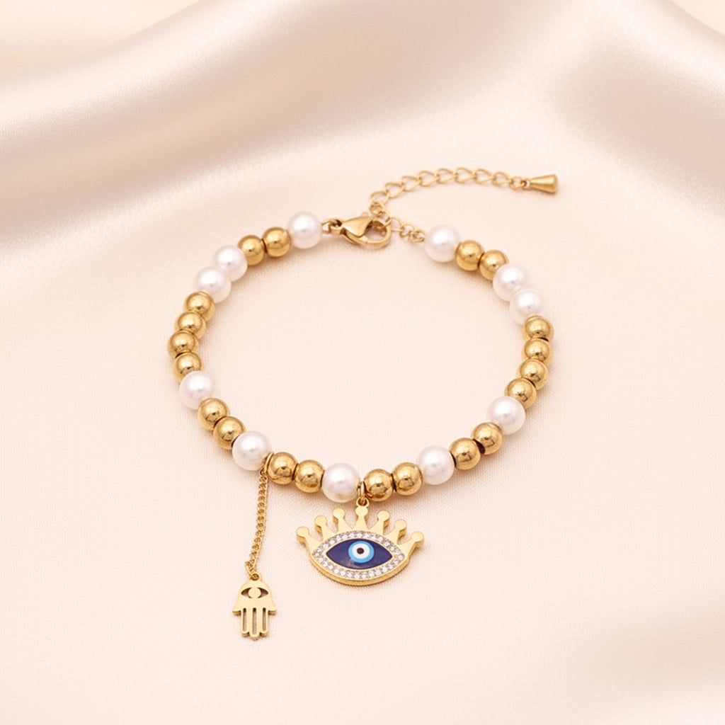 Evil Eye & Hamsa Pearl Bead Bracelet - Gold PVD Stainless Steel