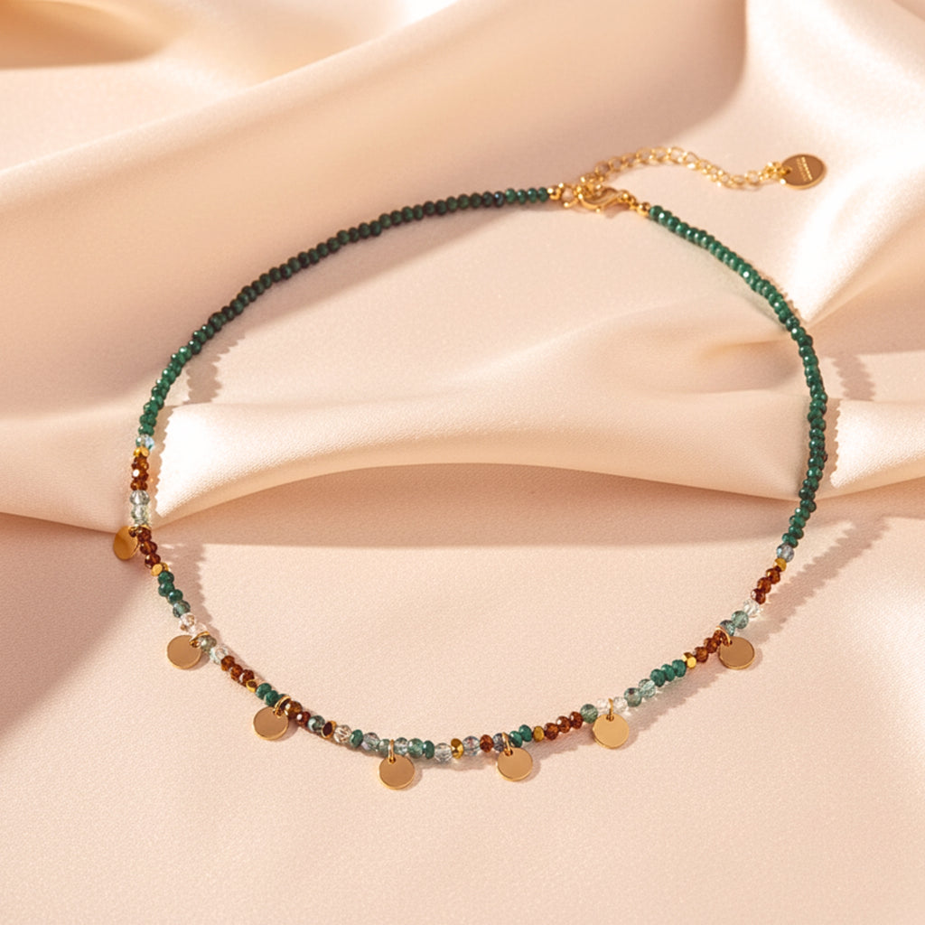 Women's Green Crystal Bead Choker Necklace - PVD Stainless Steel