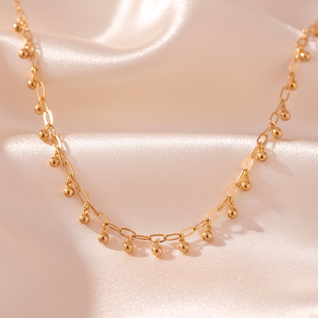 Beaded Chain Dangle Choker Women's Necklace - Gold PVD Stainless Steel