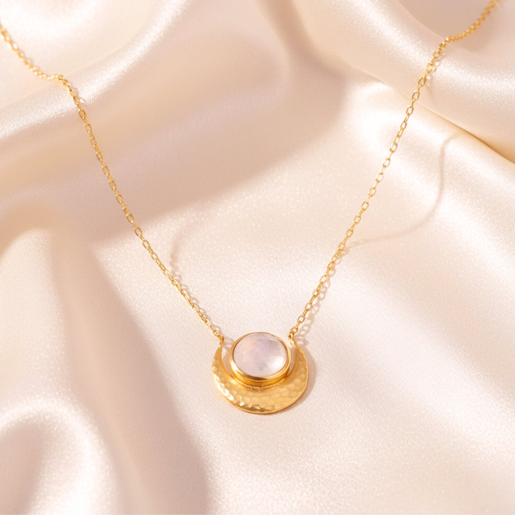 Women's Crescent Moon Hammered Pendant Necklace - Gold PVD Stainless Steel