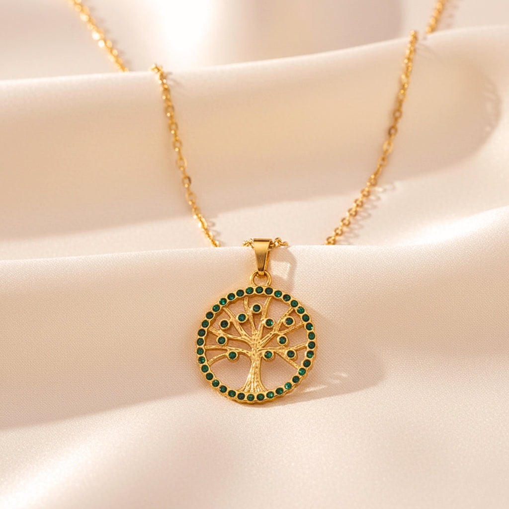 Tree of Life Green Zirconia Halo Pendant Necklace - Gold PVD Stainless Steel