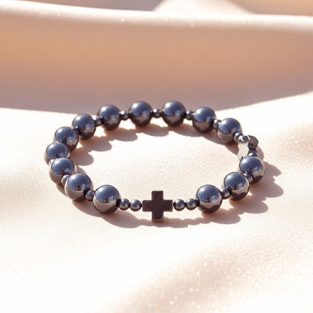 Black Hematite Cross Bead Bracelet - 8mm Natural Stone Stretch Band