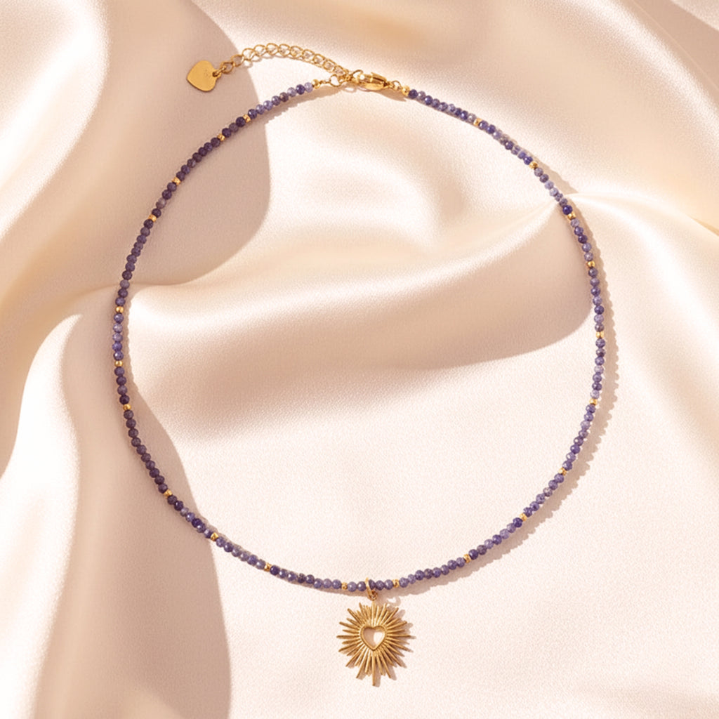 Sunburst Purple Crystal Beaded Heart Pendant Necklace - Gold PVD Stainless Steel