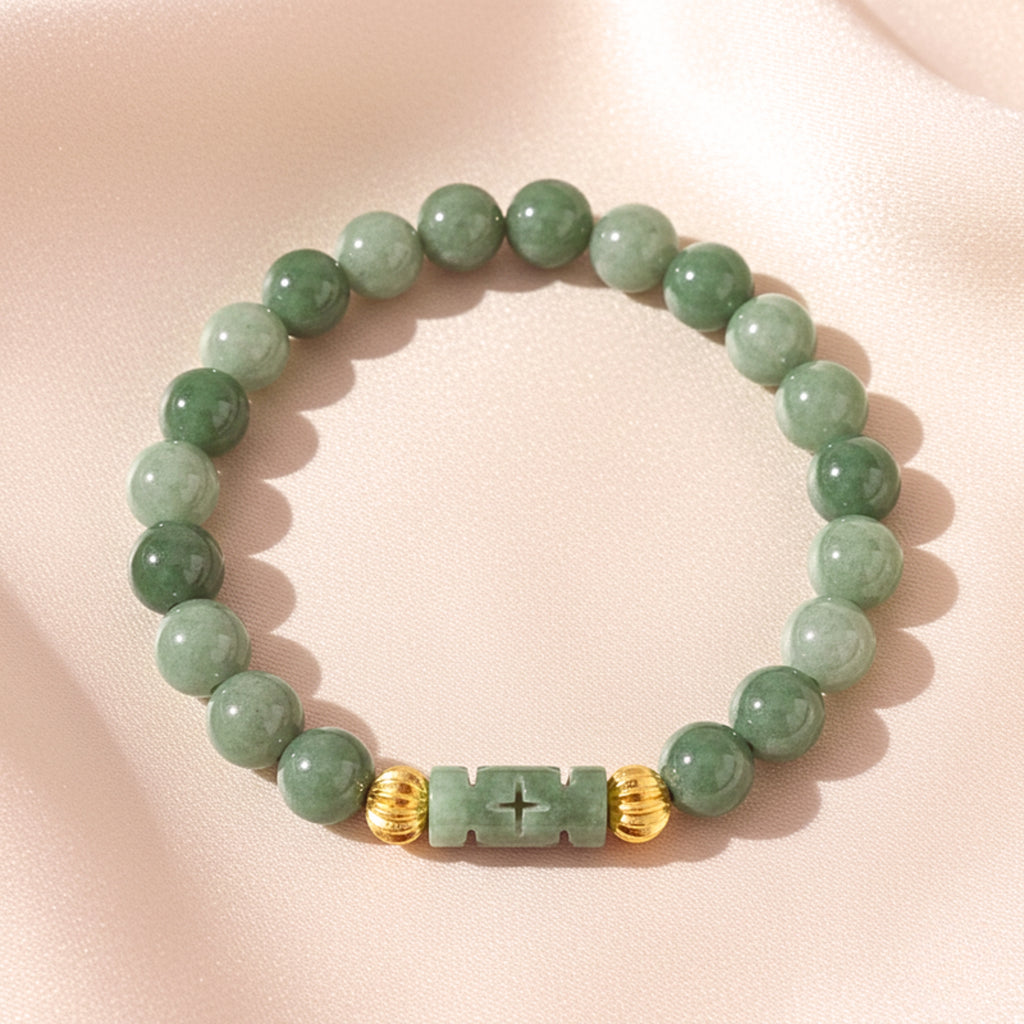 Natural Green Jade Cross Bead Bracelet - Gold PVD Stainless Steel