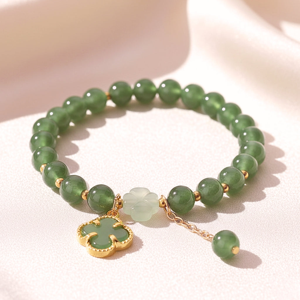 Four-Leaf Clover Green Beaded Bracelet - Gold PVD Stainless Steel