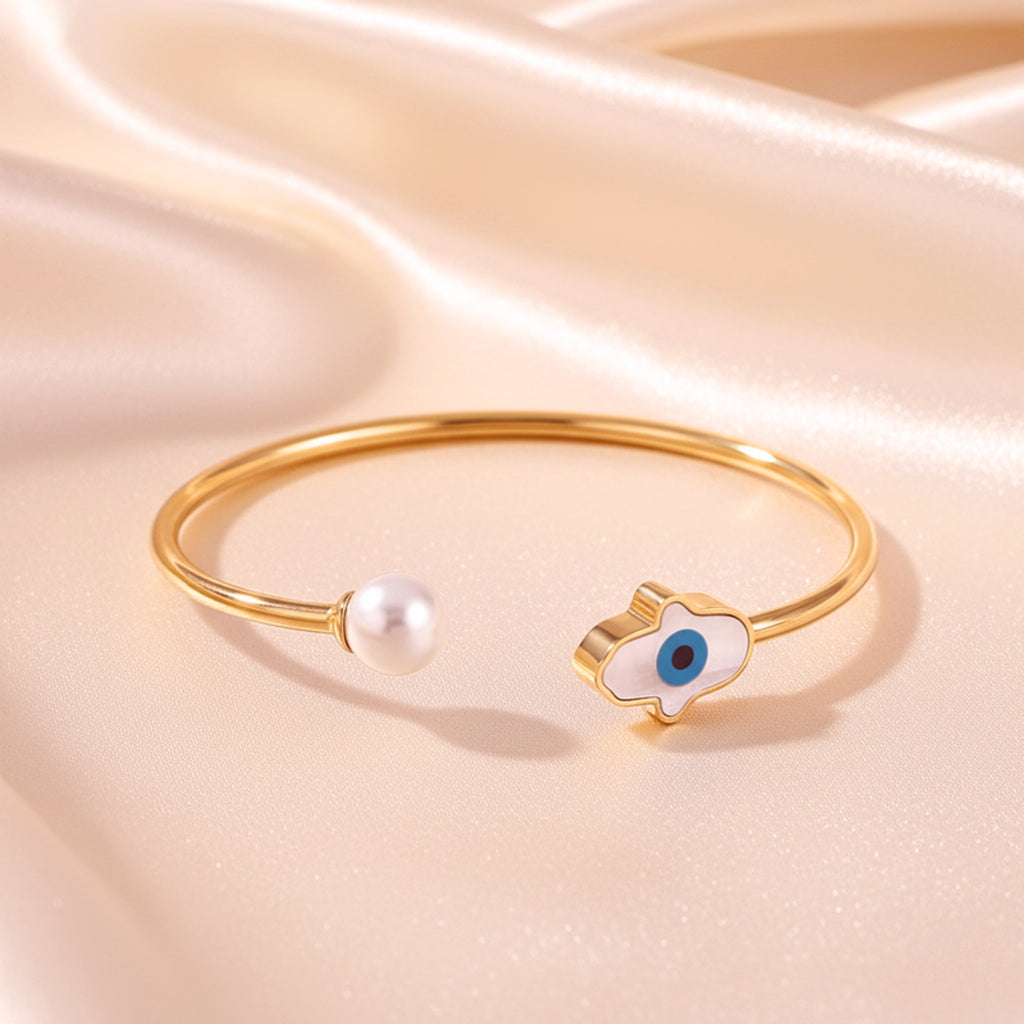 Hamsa Hand & Evil Eye Pearl Open Cuff Bracelet - Silver-Tone Stainless Steel
