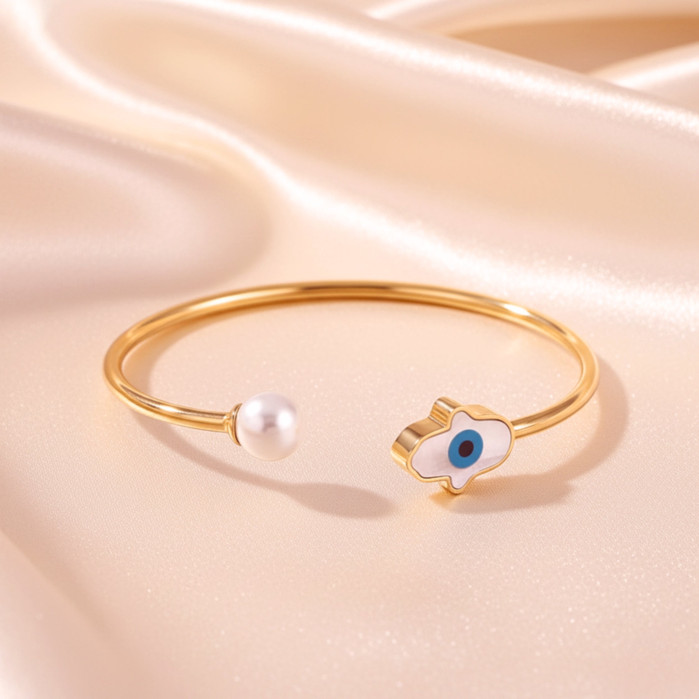 Hamsa Hand & Evil Eye Pearl Open Cuff Bracelet - Silver-Tone Stainless Steel