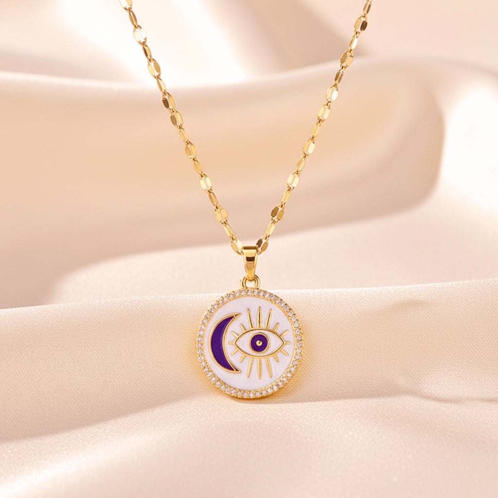 Evil Eye & Crescent Moon Enamel Pendant Necklace - Gold PVD Stainless Steel