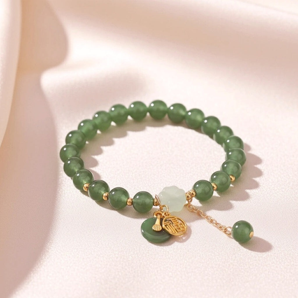 Jade-Tone Bead 'Fu Charm' Bracelet - Gold PVD Stainless Steel