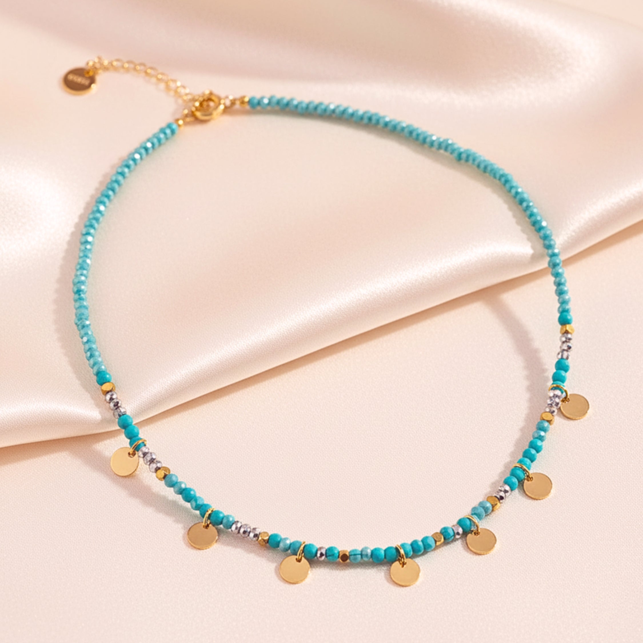 Turquoise Color Beads & Gold Disc Choker Necklace - Gold PVD Stainless Steel