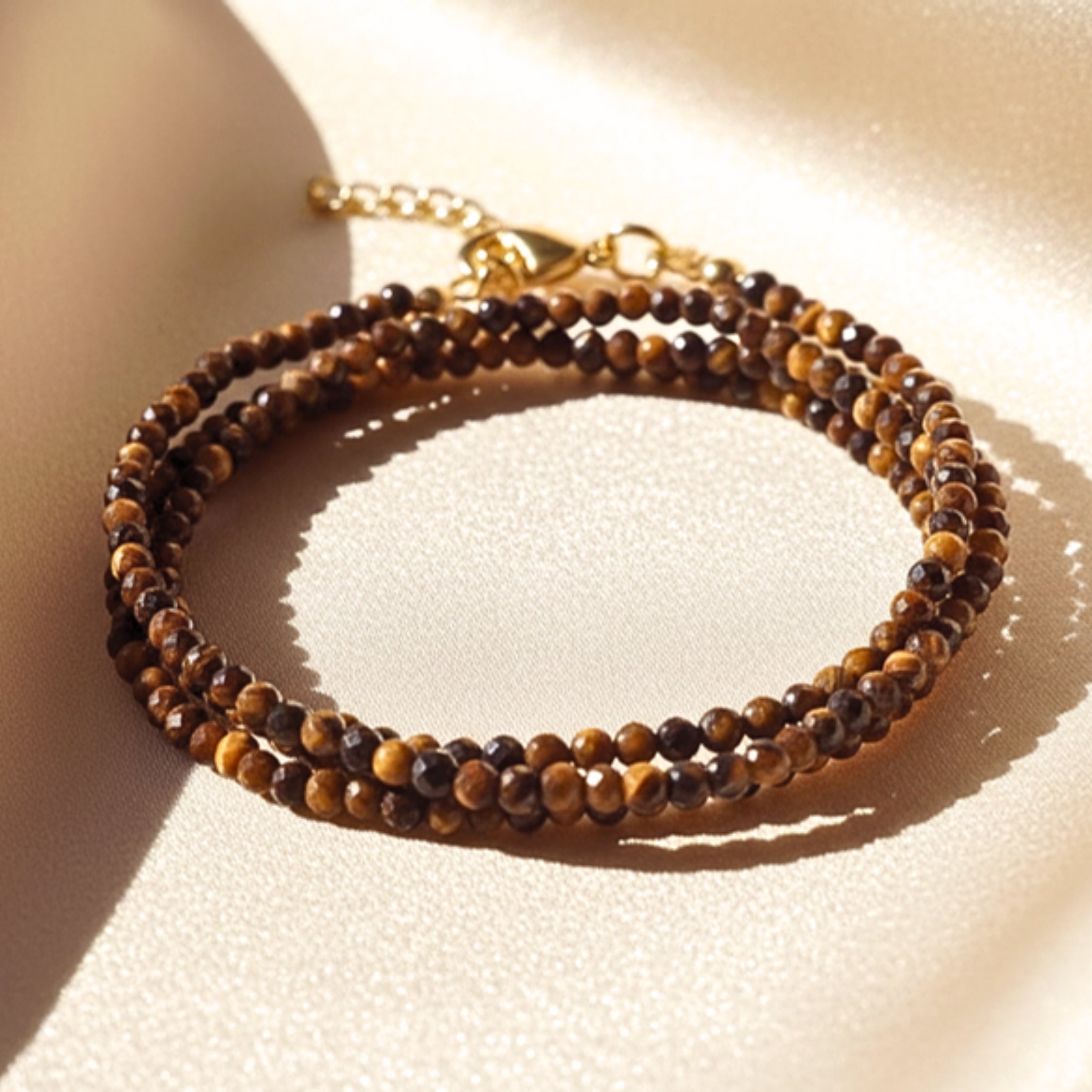 Tiger's Eye Beaded Adjustable Women's Bracelet - Gold PVD Stainless Steel