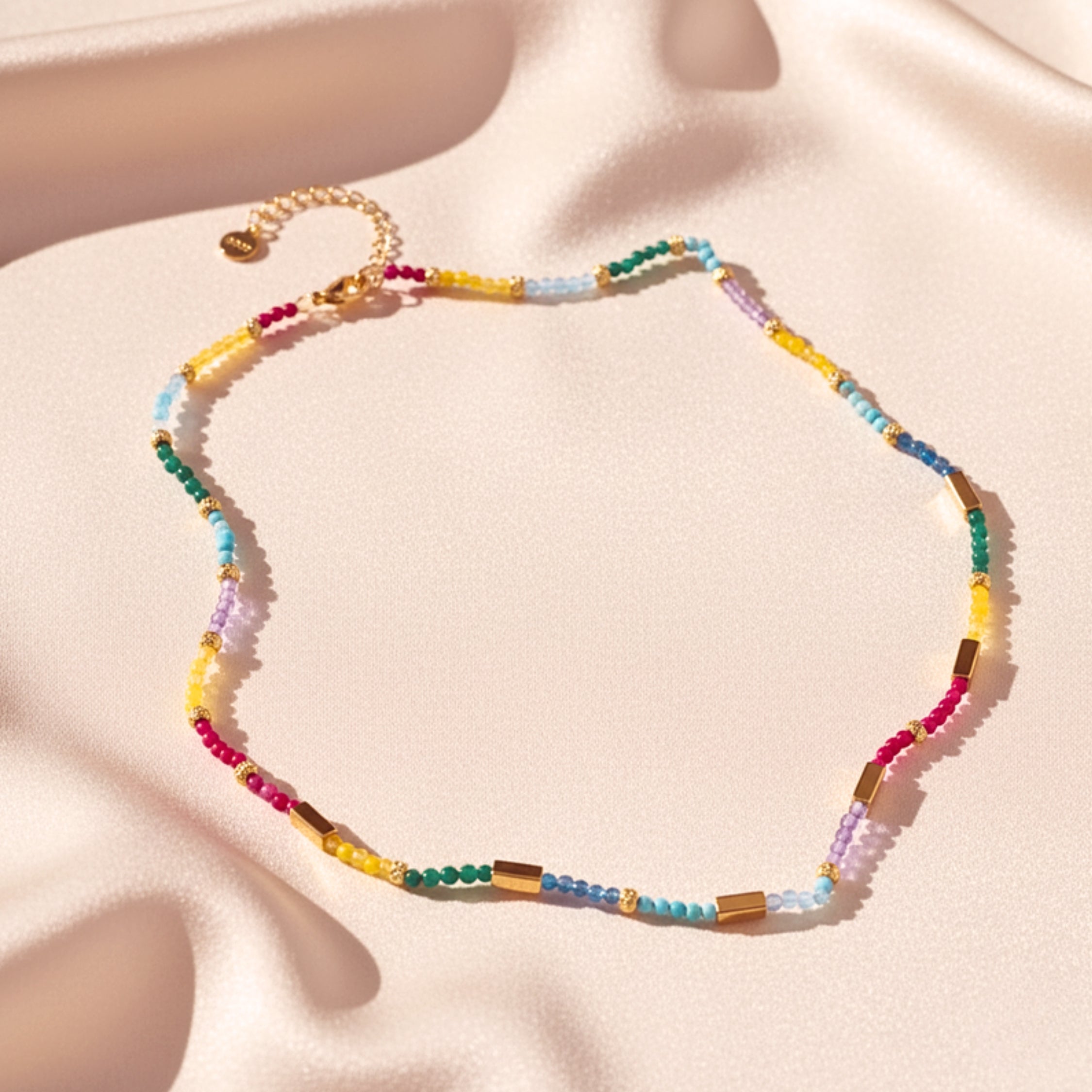 Seven Chakra Rainbow Beaded Bar Necklace - Gold PVD Stainless Steel