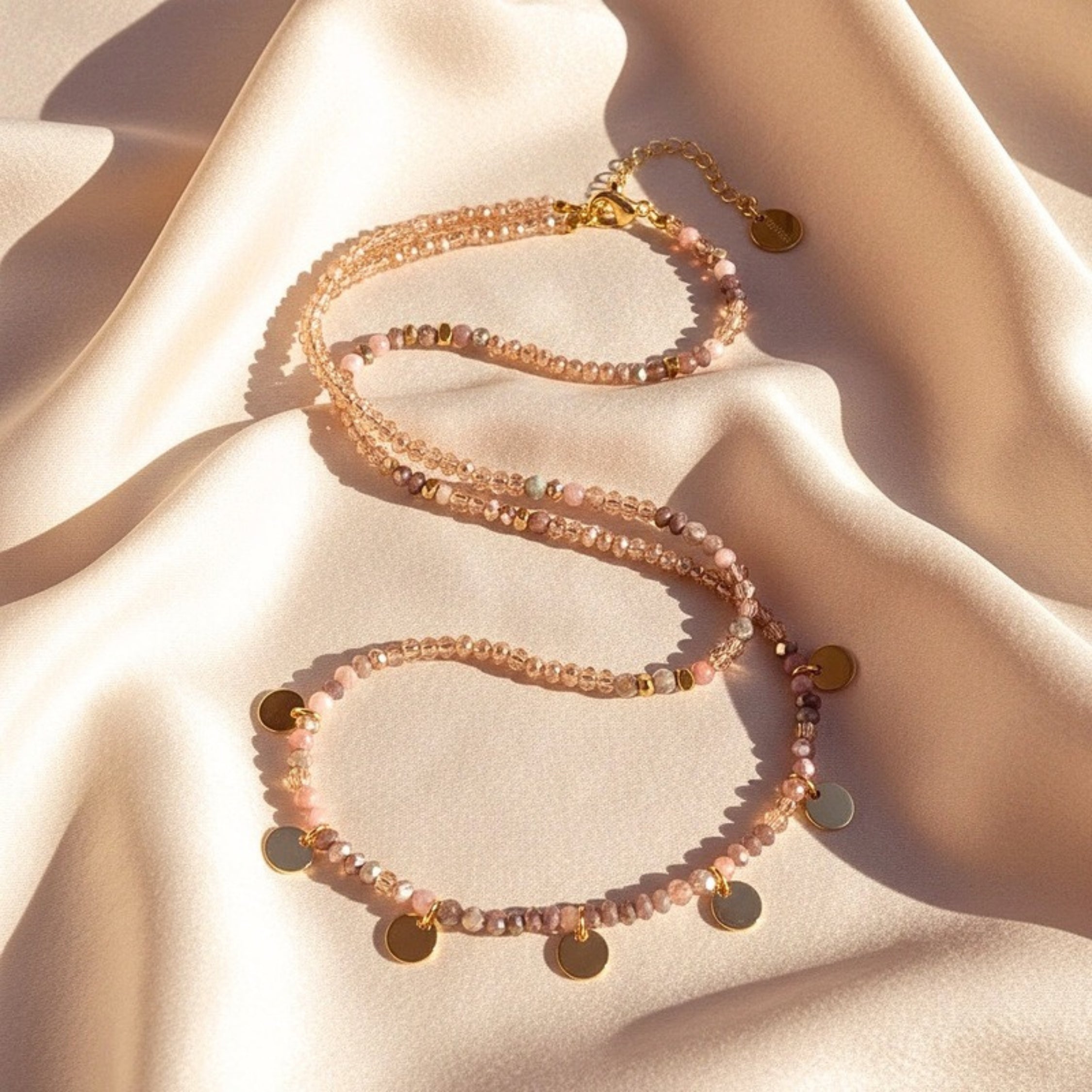 Tourmaline Beaded Choker Necklace with Coin Charms - Gold PVD Stainless Steel