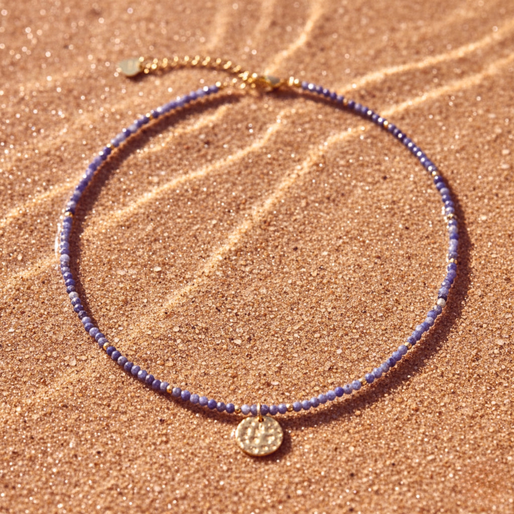 Purple Crystal Beads Textured Pendant Necklace - Gold PVD Stainless Steel