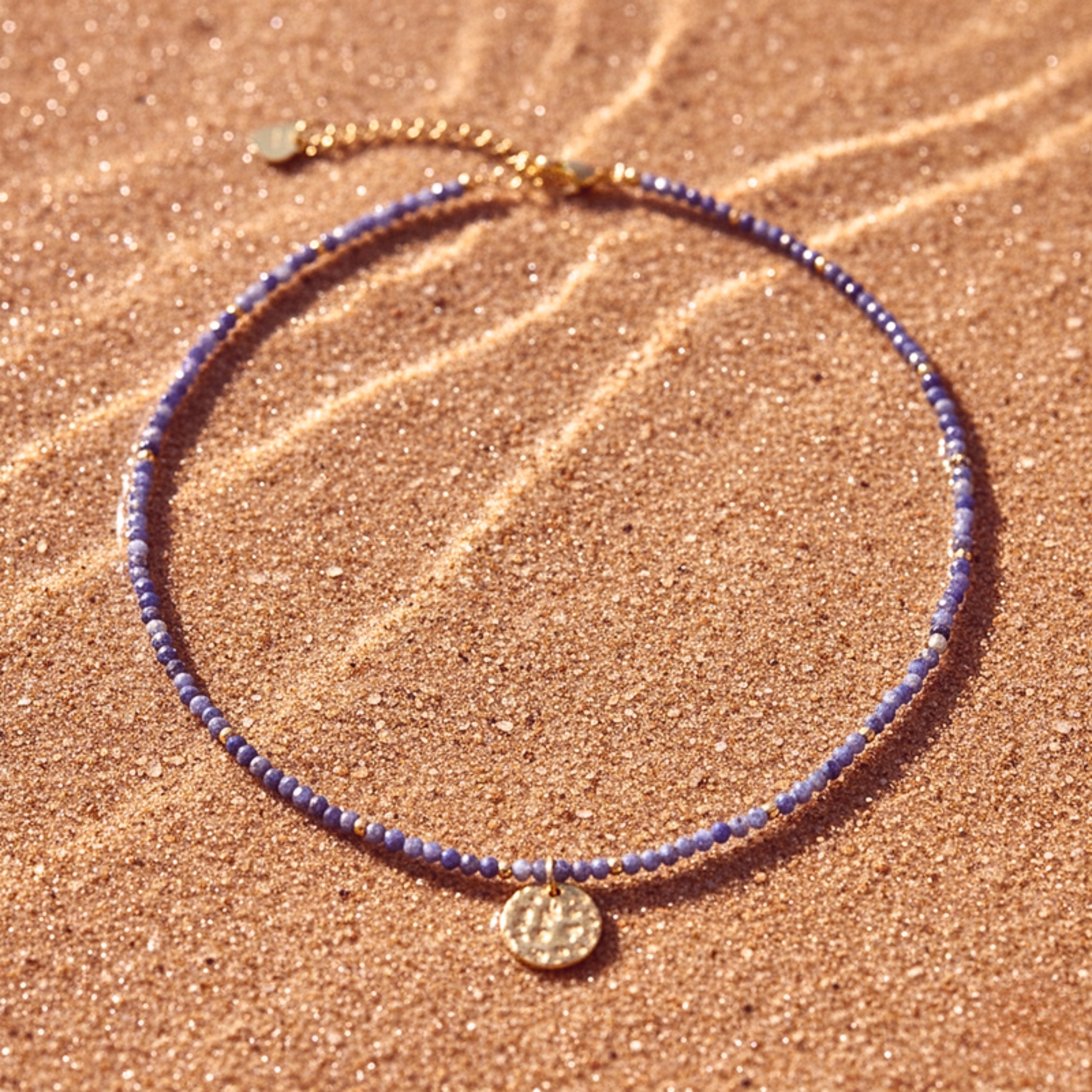 Purple Crystal Beads Textured Pendant Necklace - Gold PVD Stainless Steel