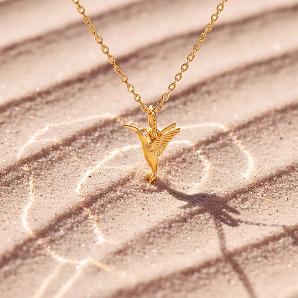 Hummingbird Pendant Necklace with Zirconia Accent - Gold PVD Stainless Steel