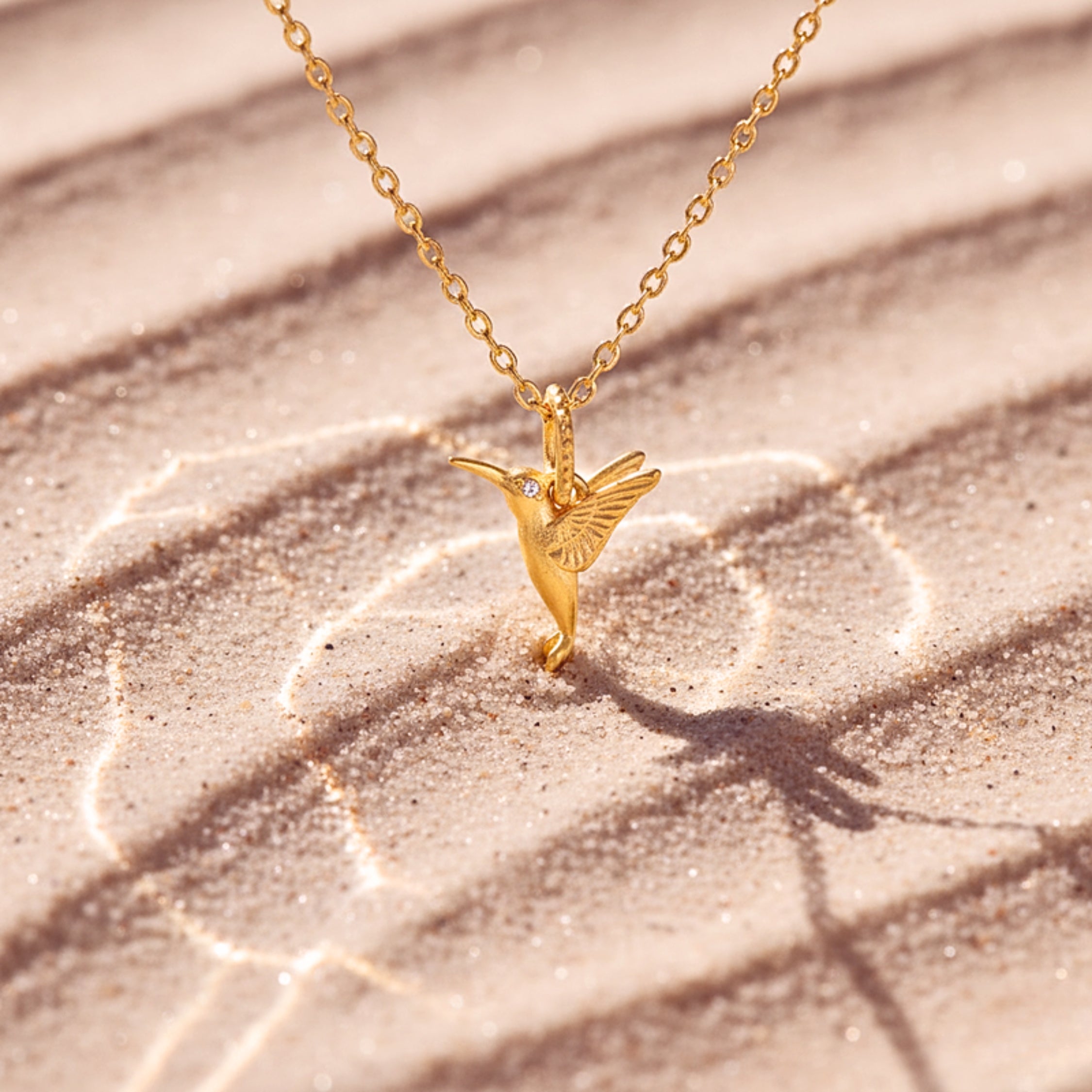 Hummingbird Pendant Necklace with Zirconia Accent - Gold PVD Stainless Steel