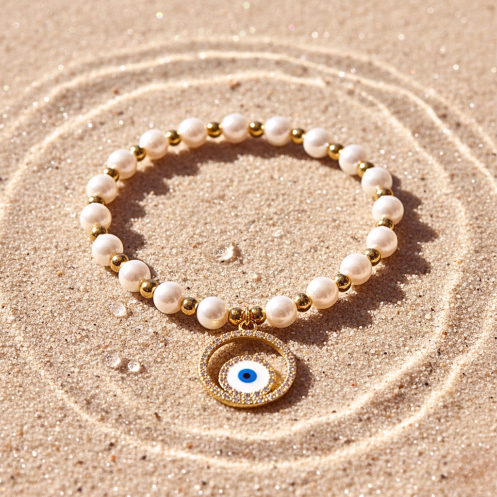 Women's Evil Eye Pearl Bead Charm Bracelet - Gold PVD Stainless Steel
