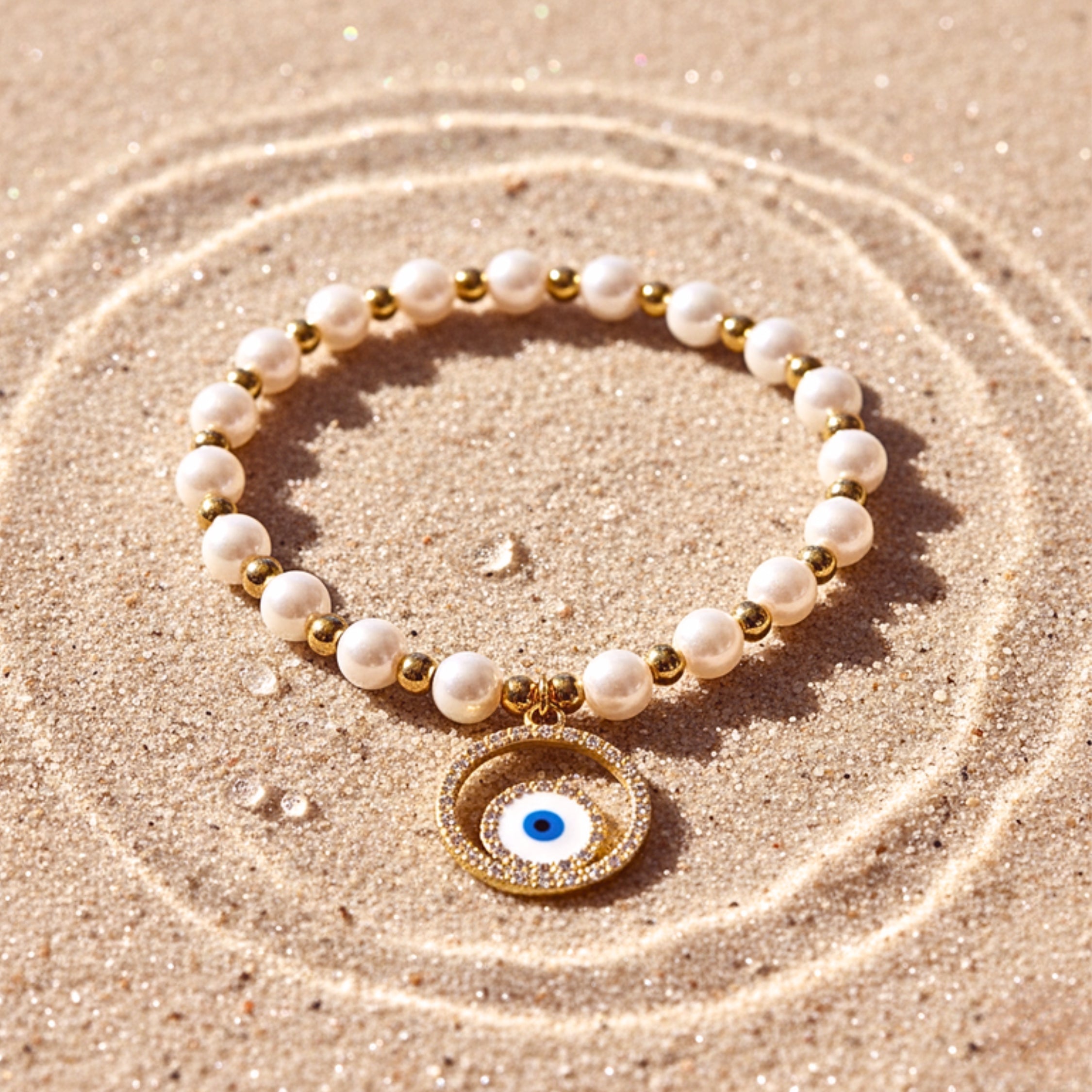 Women's Evil Eye Pearl Bead Charm Bracelet - Gold PVD Stainless Steel