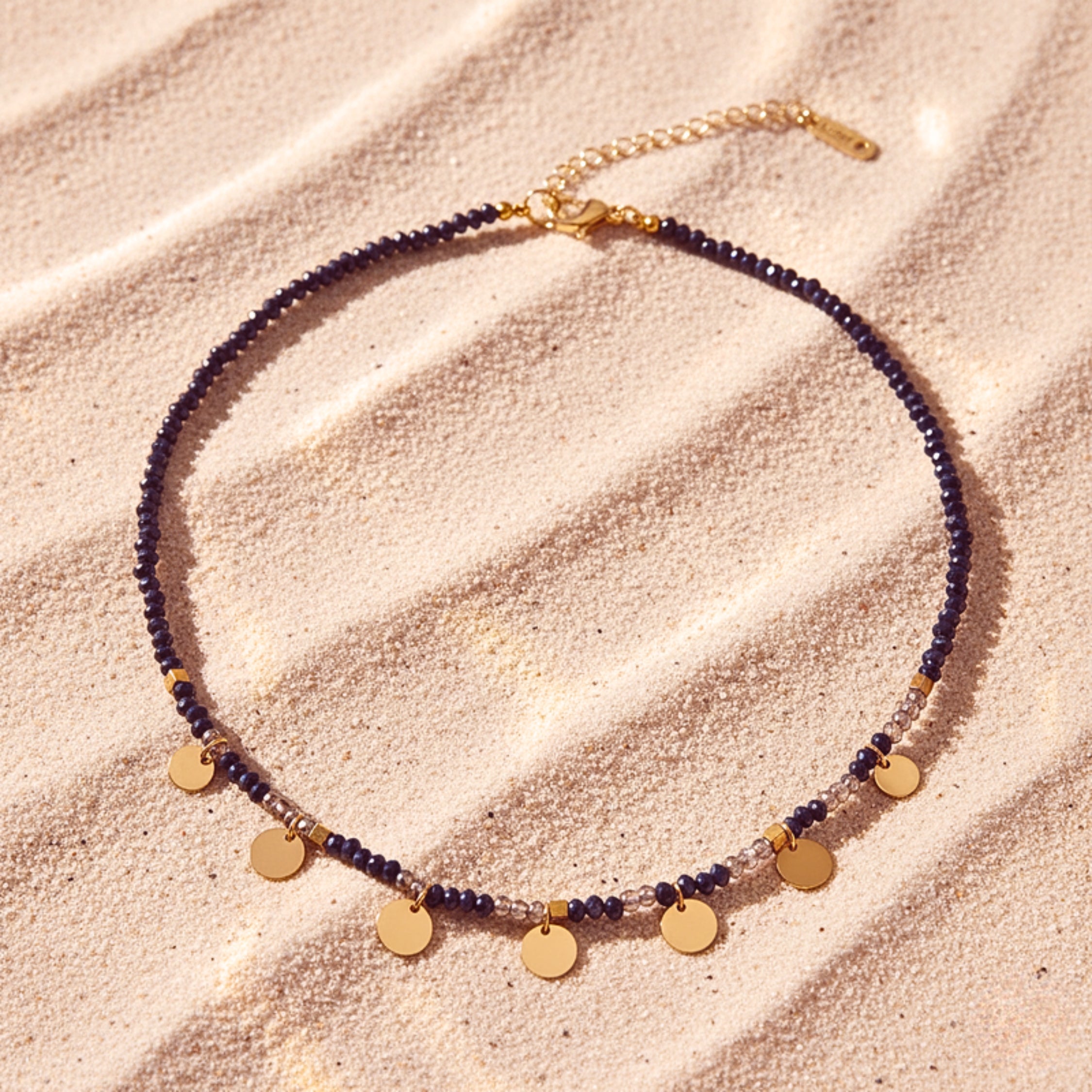 Black Crystal Beaded Choker Necklace with Gold Disc Charms - Gold PVD Stainless Steel