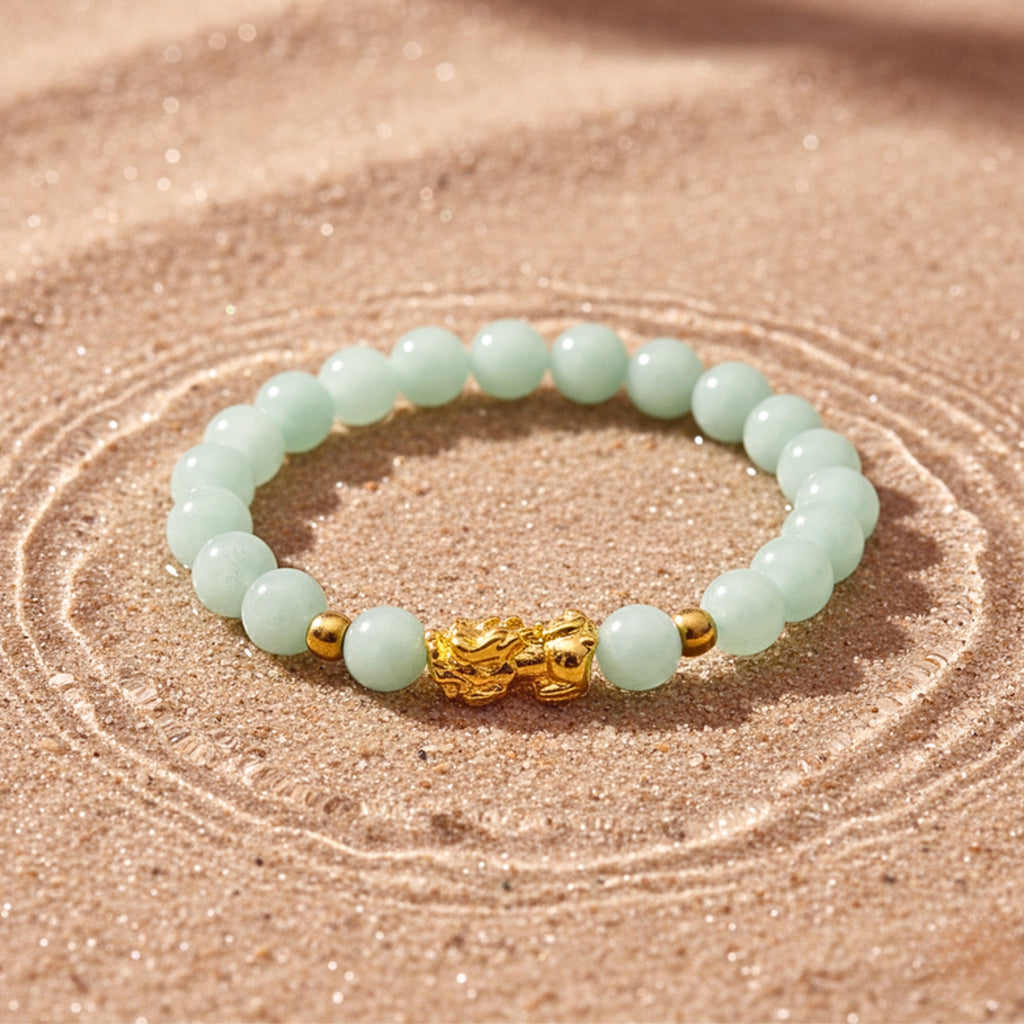 Pixiu Green Crystal Bead Bracelet - Gold PVD Stainless Steel