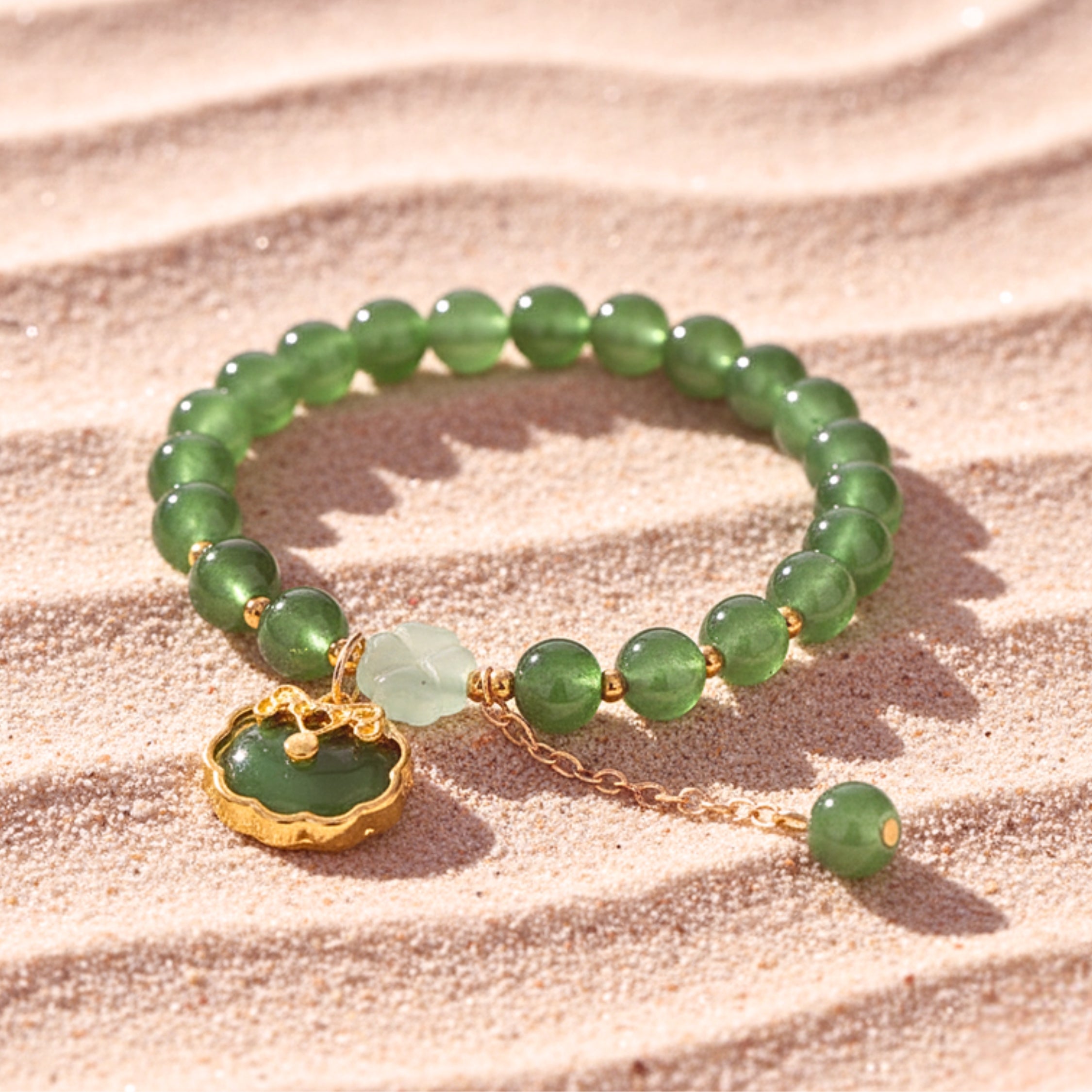 Women's Ruyi Lock Charm Bracelet With Jade-Green Beads - Gold PVD Stainless Steel