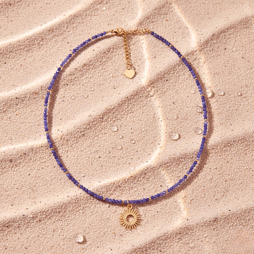 Sunburst Blue Crystal Beaded Choker Necklace - Gold PVD Stainless Steel