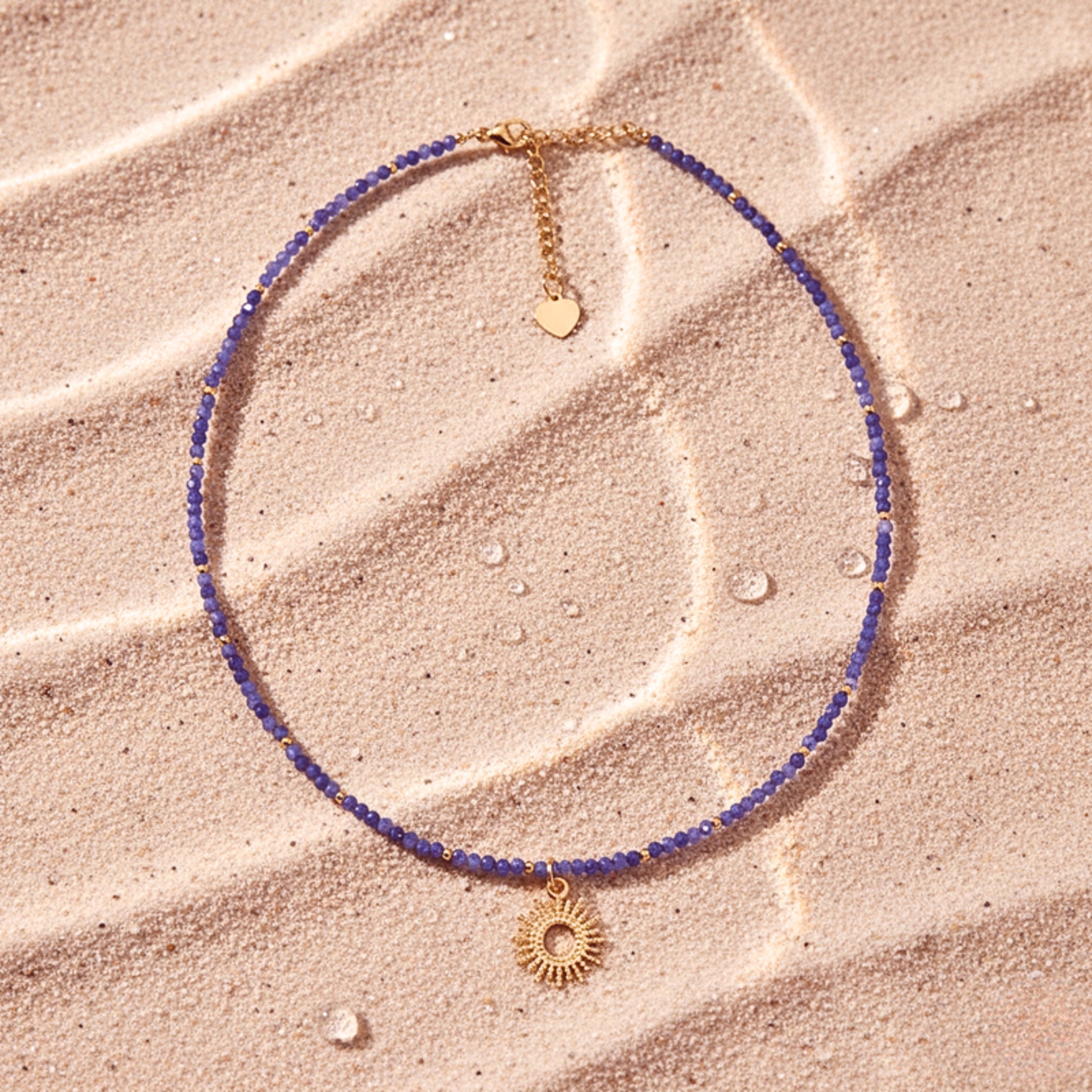 Sunburst Blue Crystal Beaded Choker Necklace - Gold PVD Stainless Steel