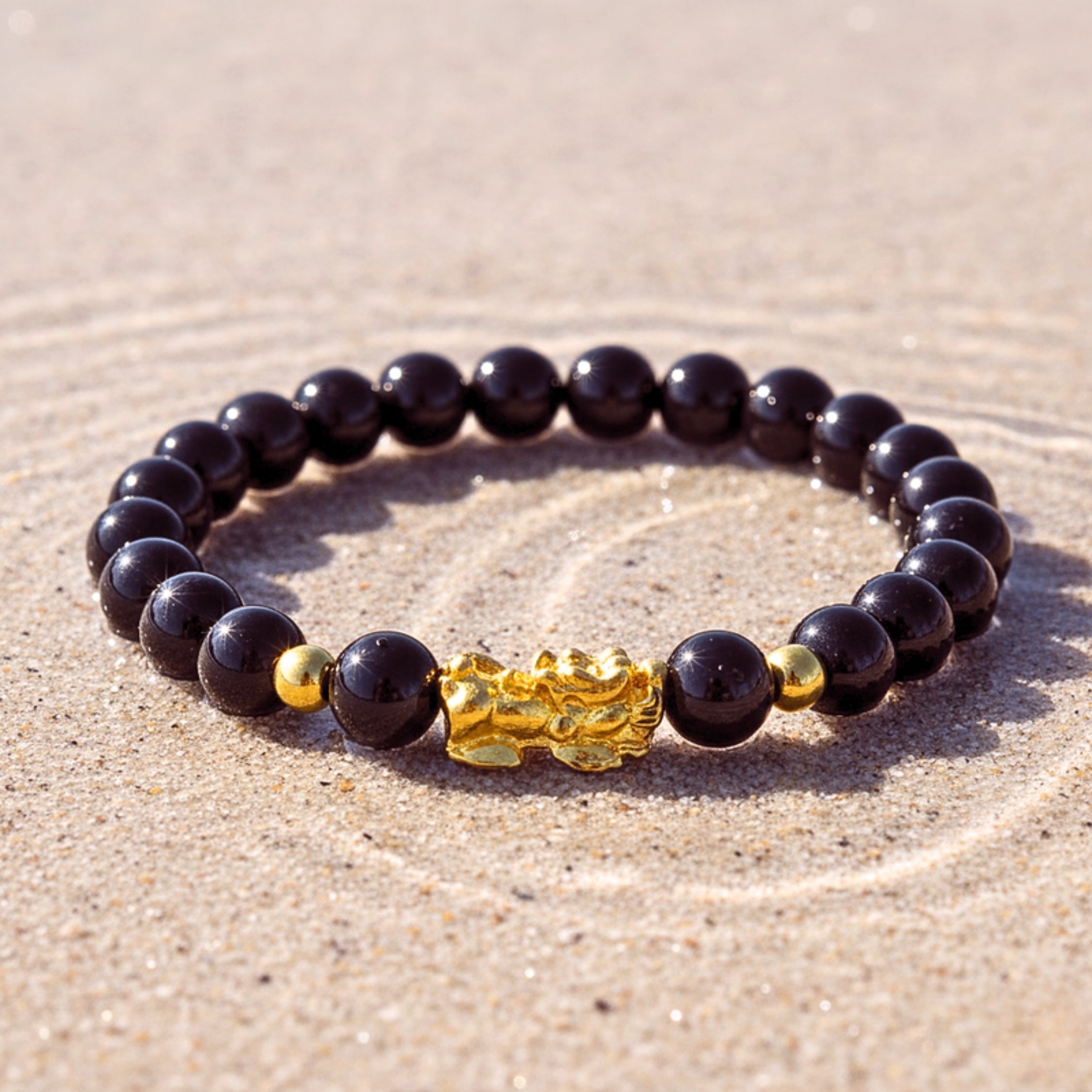Pixiu Black Crystal Bead Bracelet - Gold PVD Stainless Steel