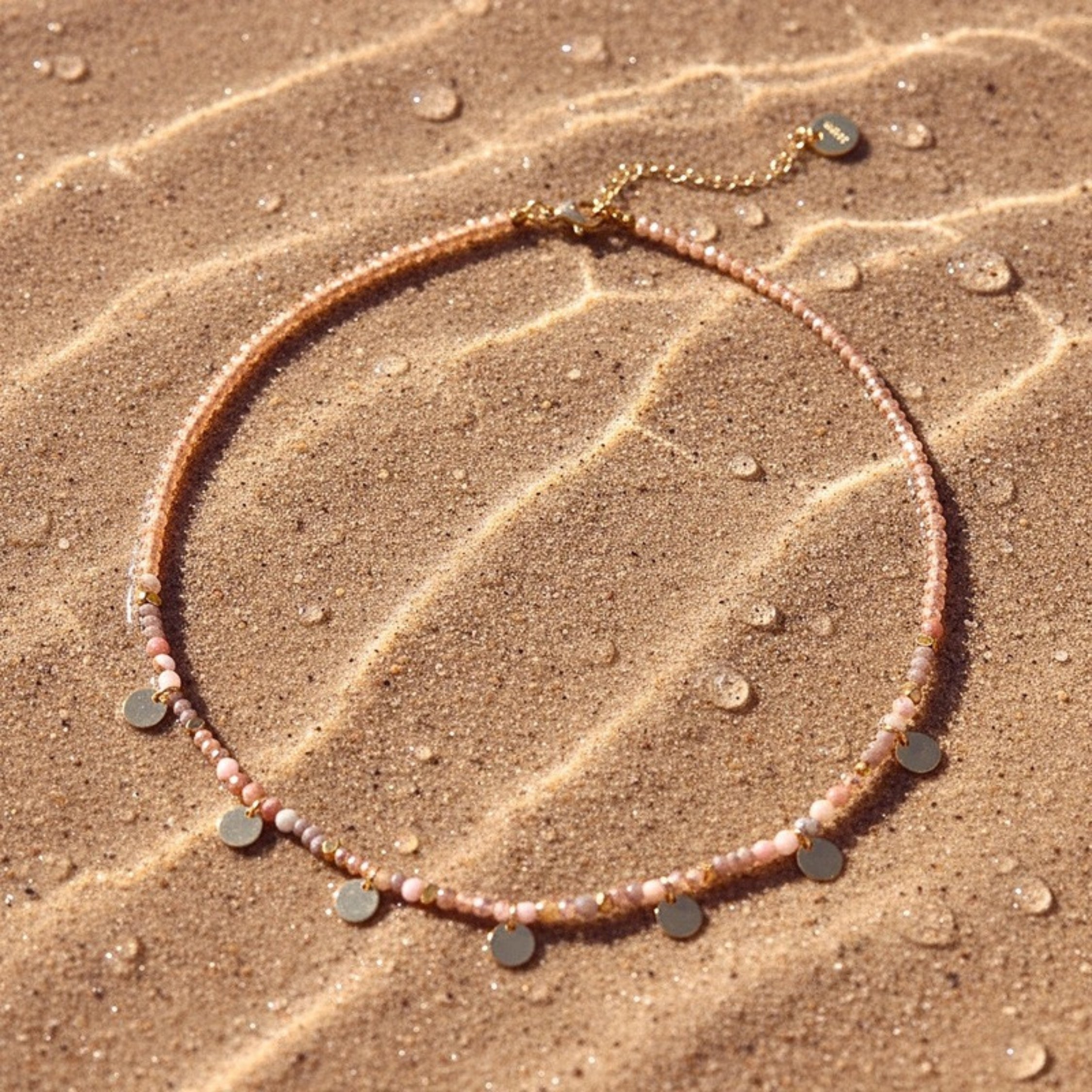 Pink Crystal Beaded Choker Necklace With Charms - Gold PVD Stainless Steel