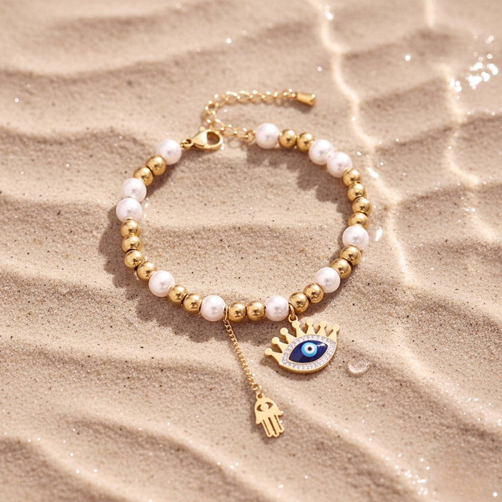 Evil Eye & Hamsa Pearl Bead Bracelet - Gold PVD Stainless Steel