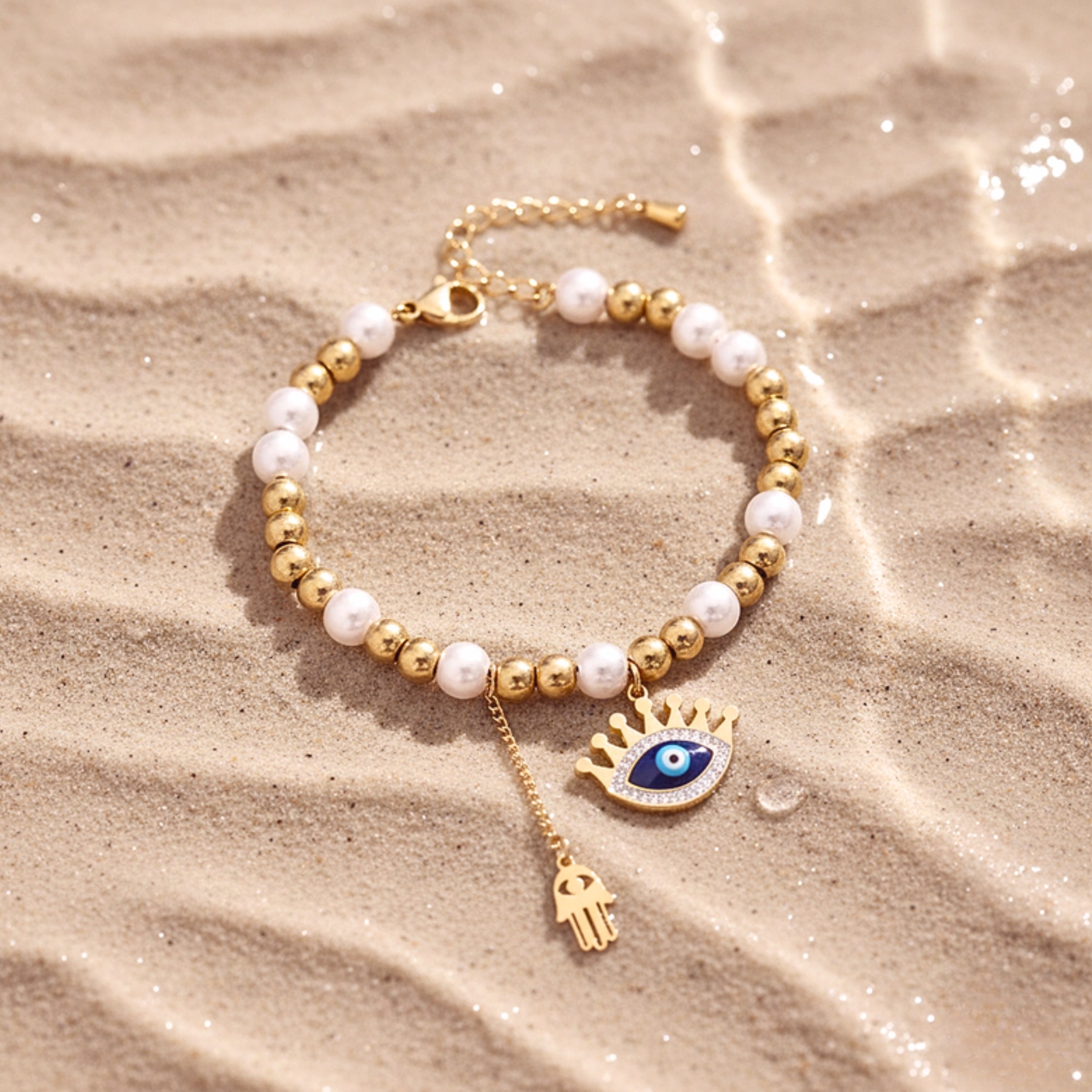 Evil Eye & Hamsa Pearl Bead Bracelet - Gold PVD Stainless Steel
