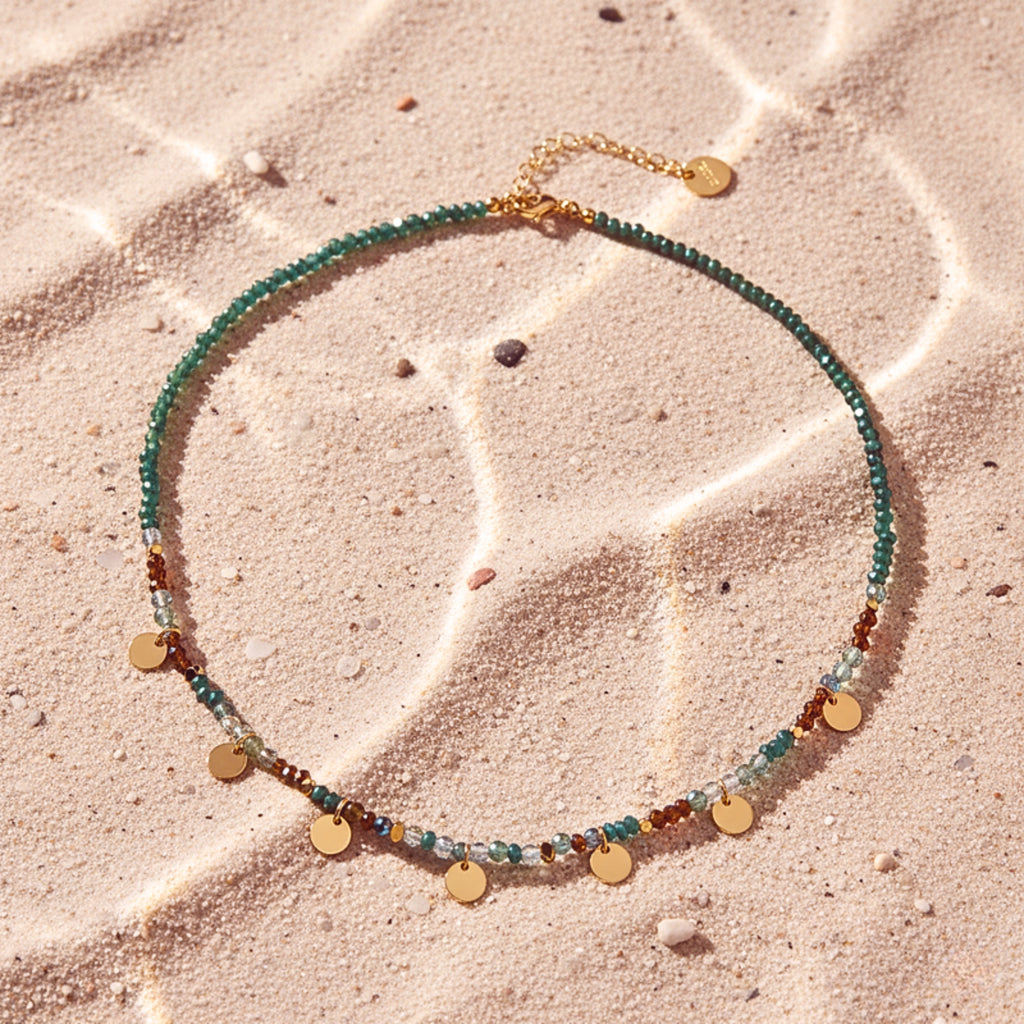 Women's Green Crystal Bead Choker Necklace - PVD Stainless Steel