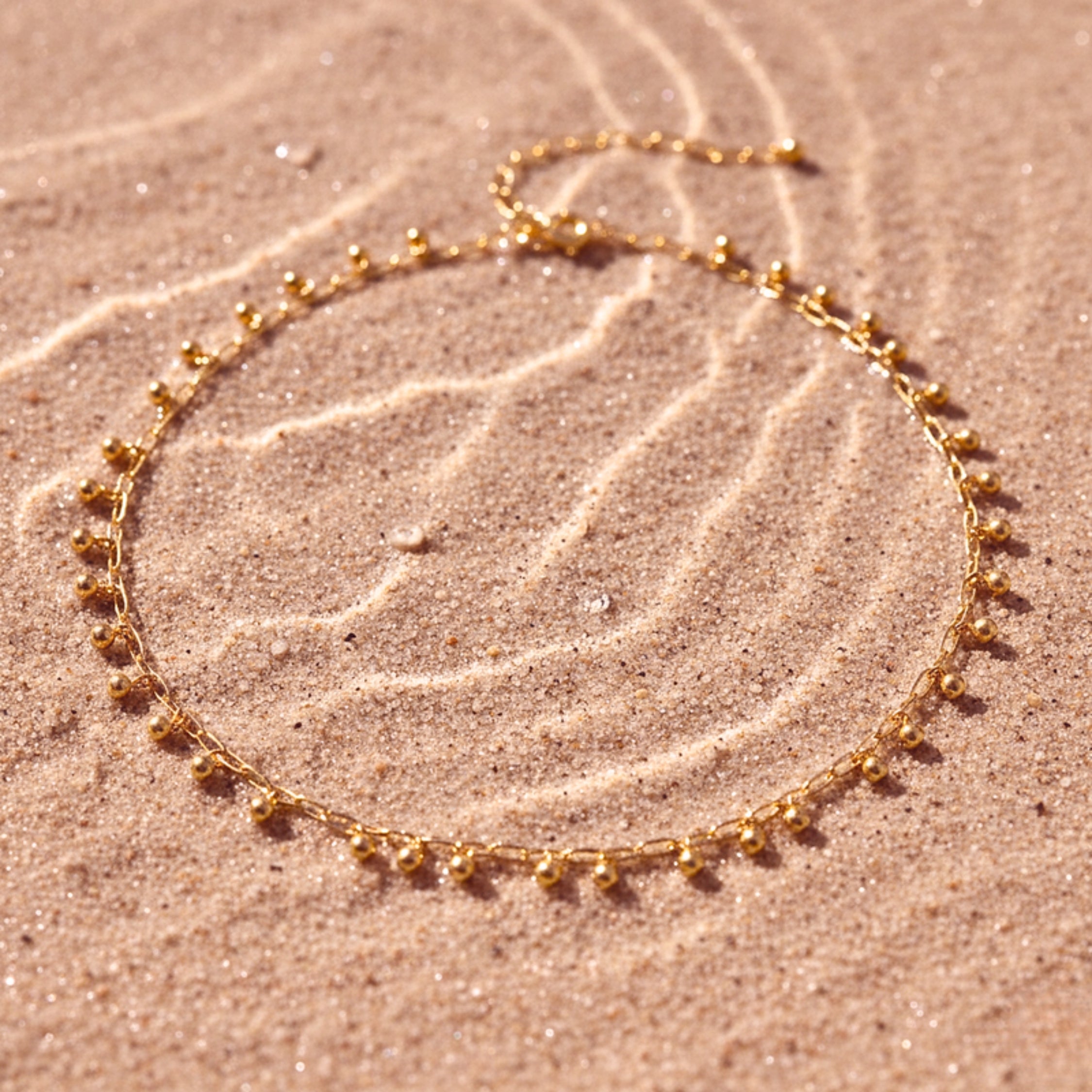 Beaded Chain Dangle Choker Women's Necklace - Gold PVD Stainless Steel