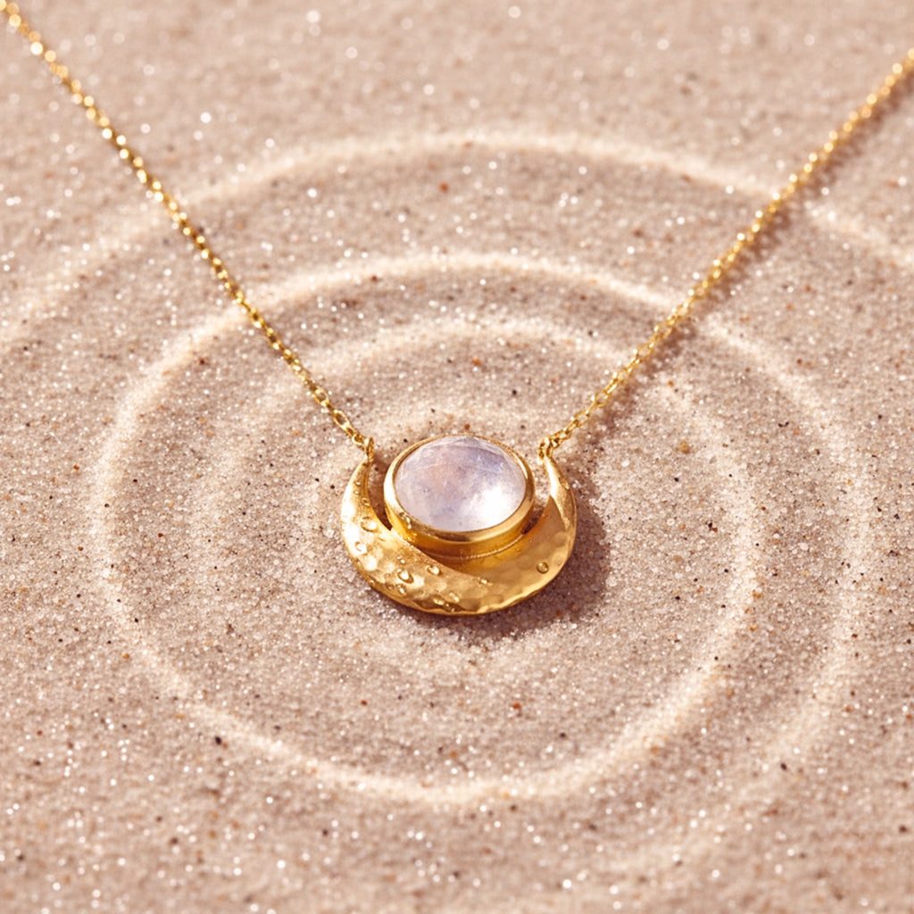 Women's Crescent Moon Hammered Pendant Necklace - Gold PVD Stainless Steel