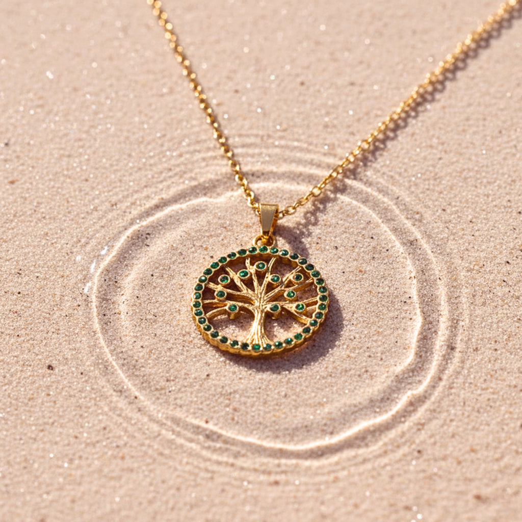 Tree of Life Green Zirconia Halo Pendant Necklace - Gold PVD Stainless Steel