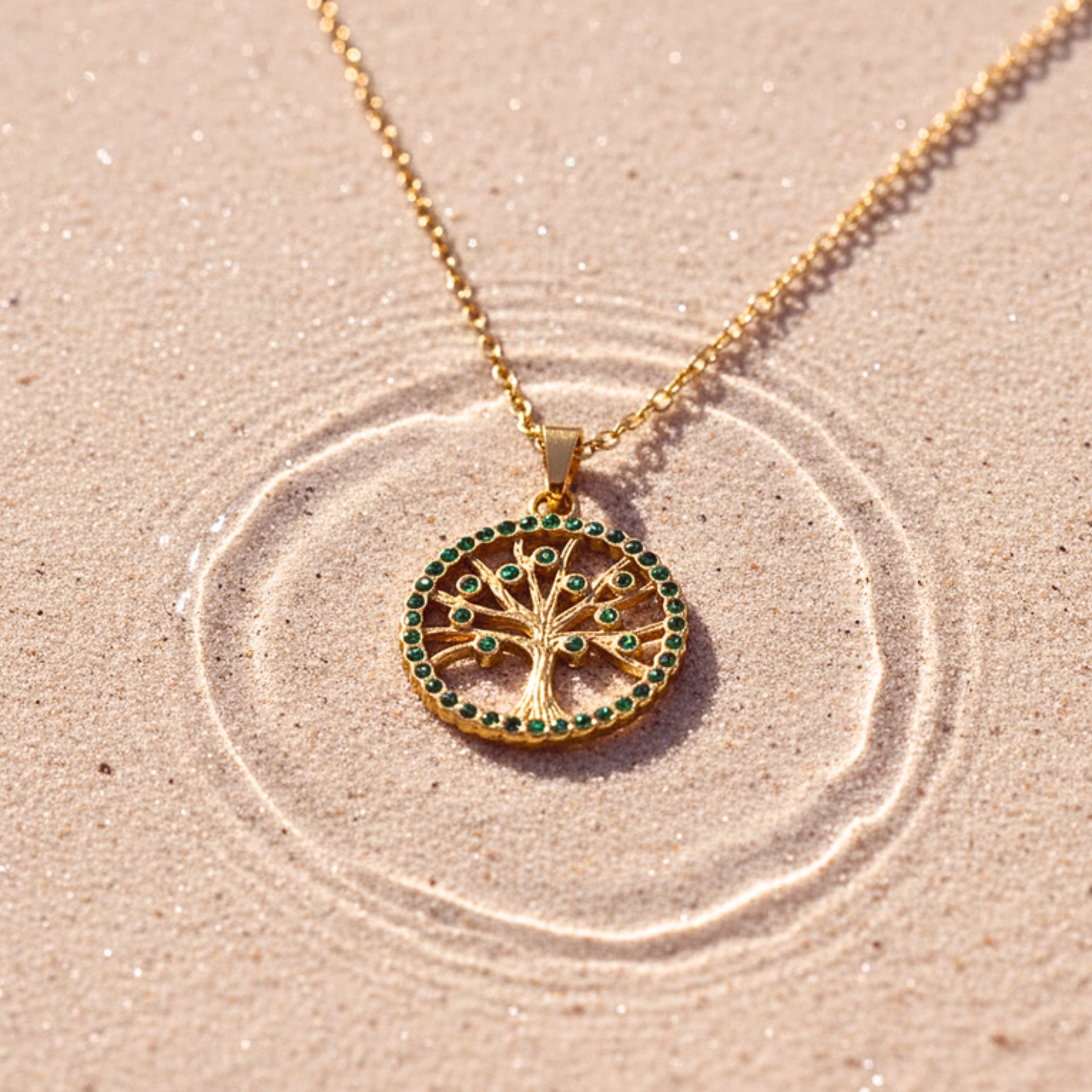 Tree of Life Green Zirconia Halo Pendant Necklace - Gold PVD Stainless Steel