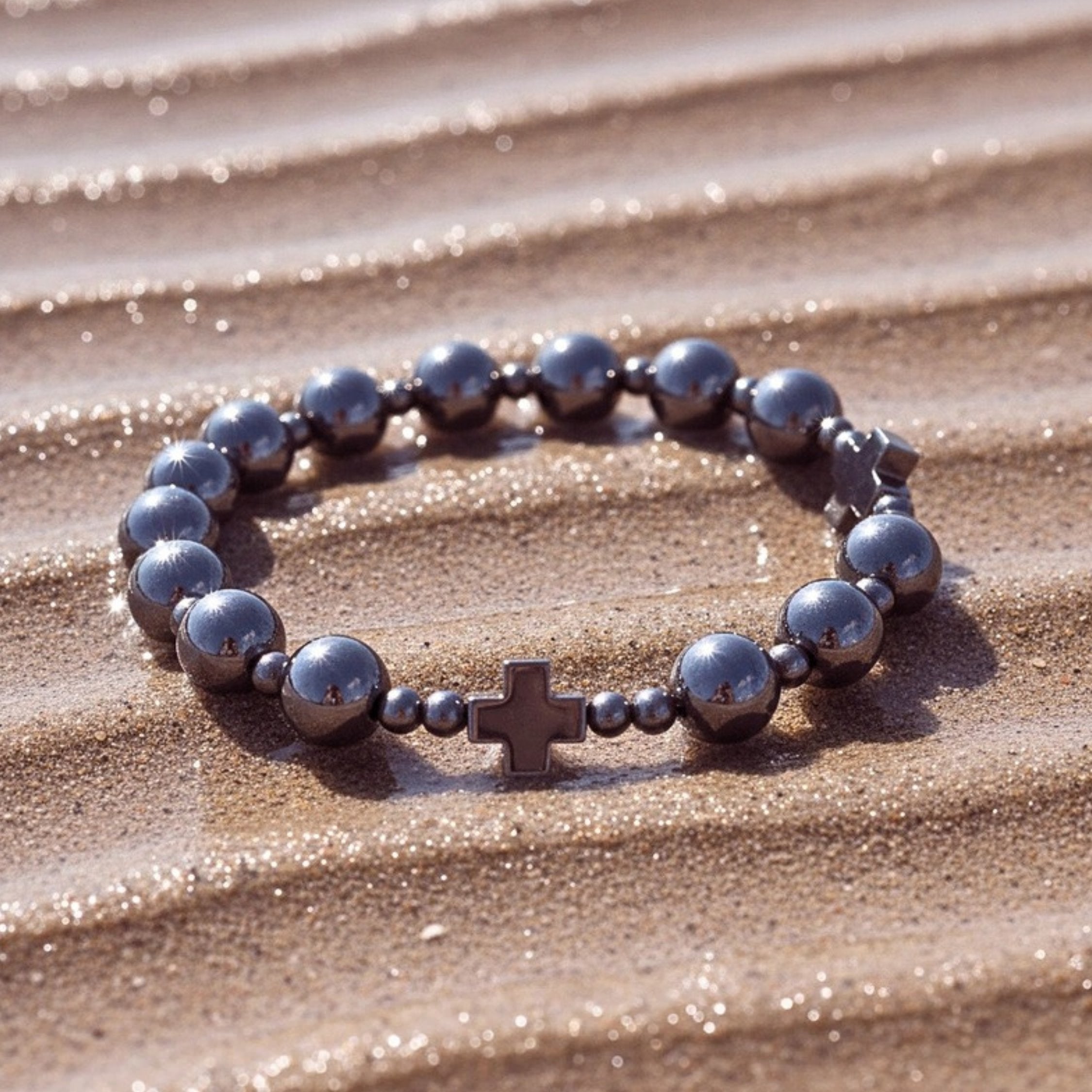 Black Hematite Cross Bead Bracelet - 8mm Natural Stone Stretch Band