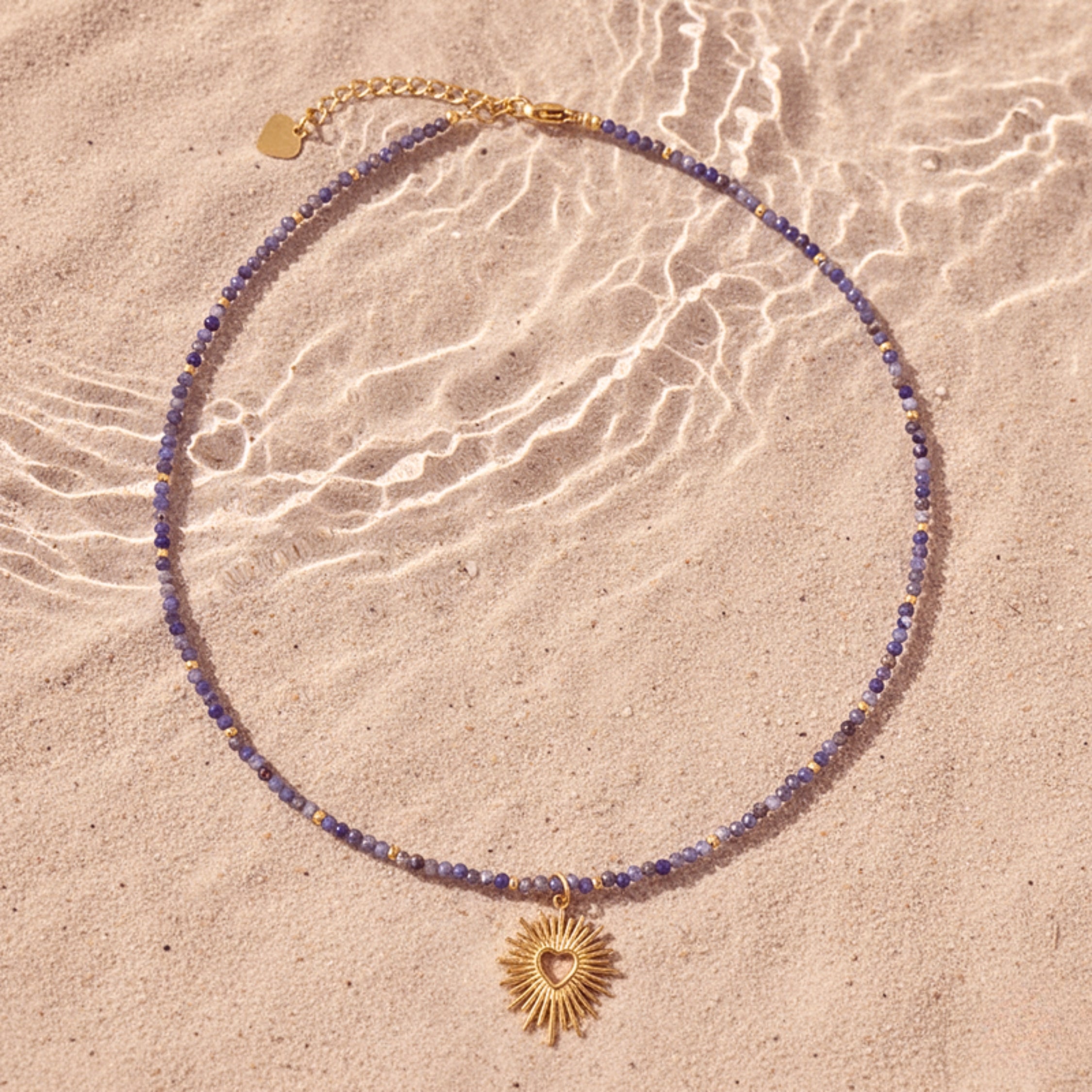 Sunburst Purple Crystal Beaded Heart Pendant Necklace - Gold PVD Stainless Steel